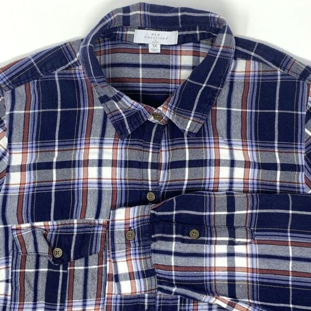 New Direction Blue Plaid Flannel Long‎ Sleeve Button Up Women's Shirt Size 1X